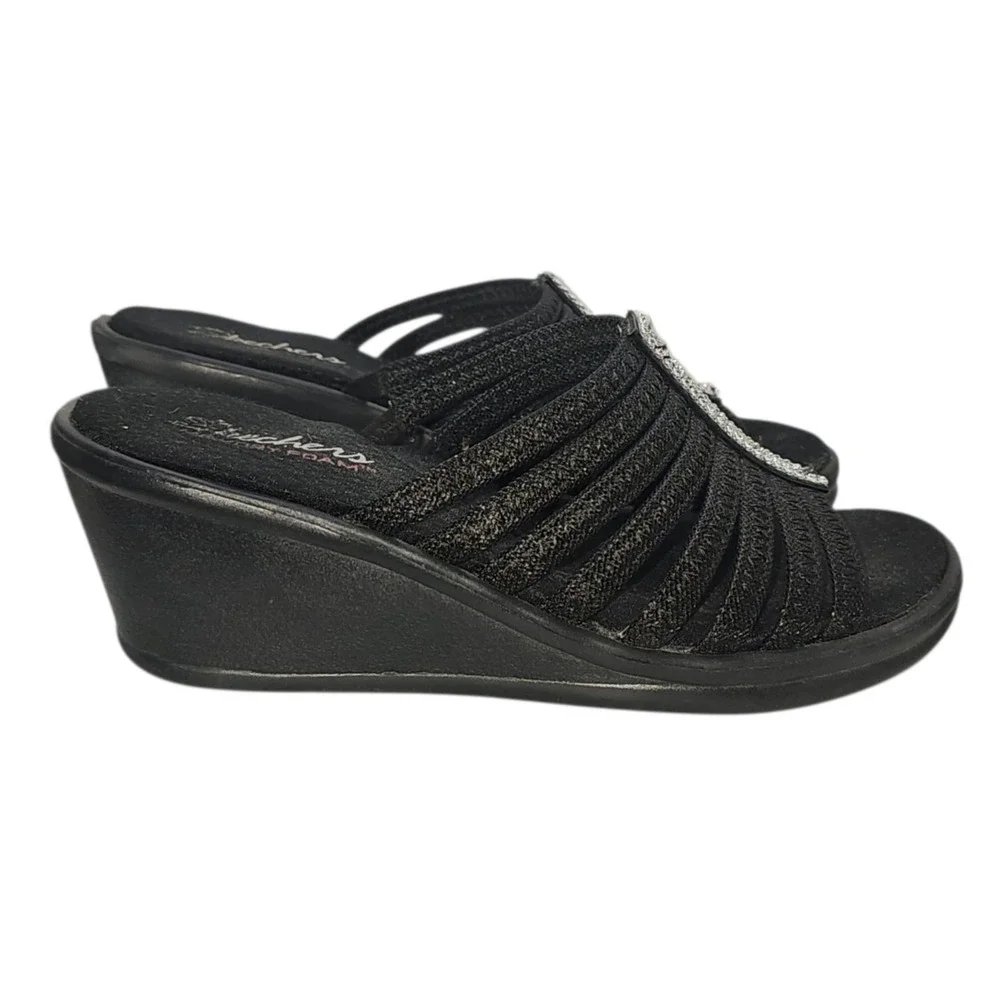 Skechers Cali Memory Foam Rumblers Hotshot Black Wedge Slide w/Rhinestones Sz 9‎